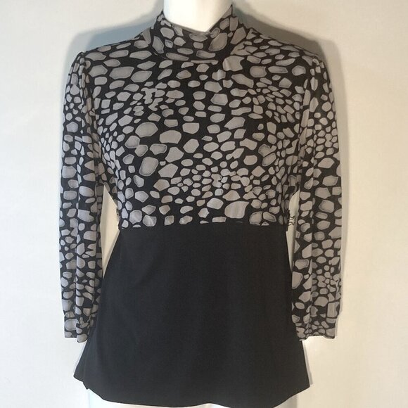 Forever SZ L Black mesh abstract print mock turtleneck long sleeve top classic - Picture 2 of 7